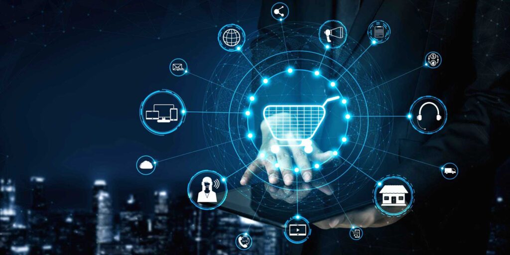 varios iconos de marketplace alrededor de un carrito de compra